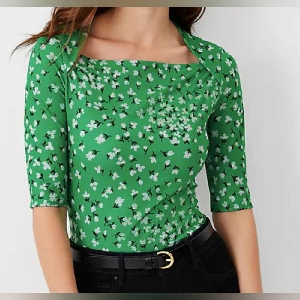Ann Taylor Floral Refined Stretch Envelope Neck Top Green Size Small